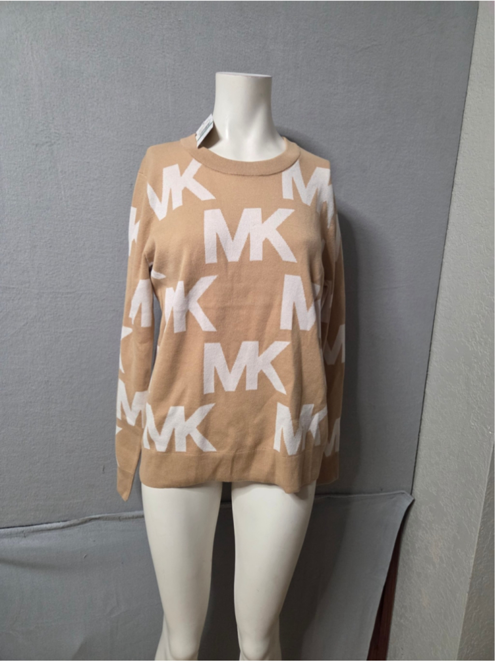 Women's Michael Kors Logo Crew Neck Sweater Beige White Size L